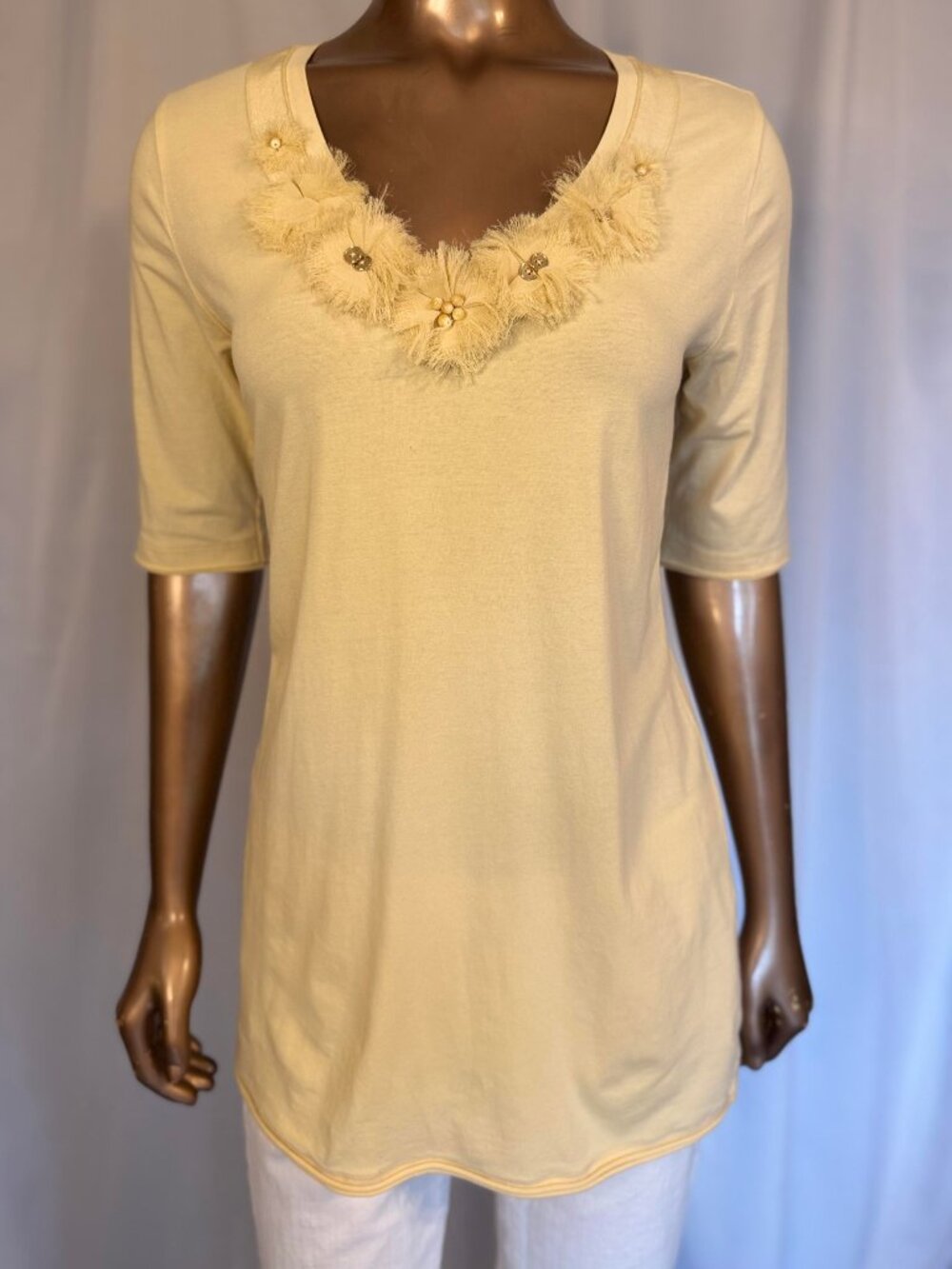 CAbi Half Sleeve, Embellished, Floral Neckline Blouse